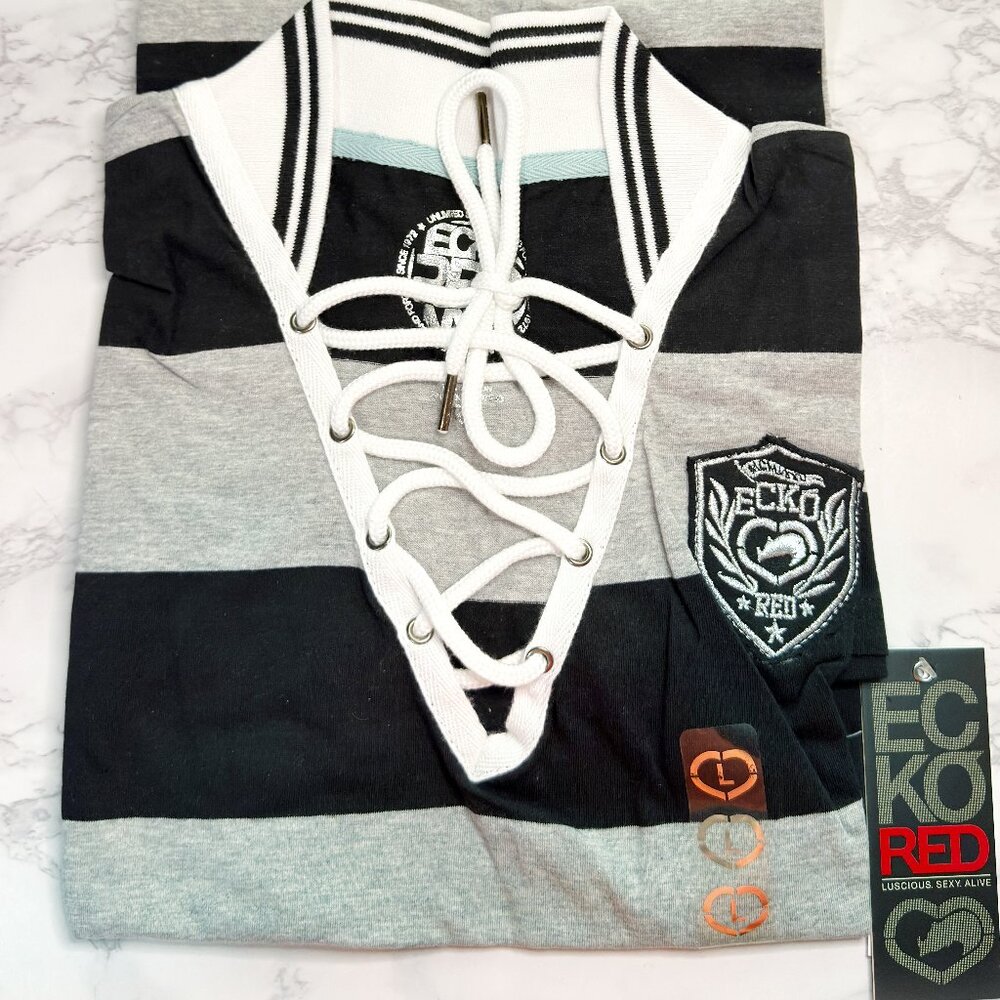 Ecko RED Unltd. Large black & grey striped lace-up long rugby top  NWT